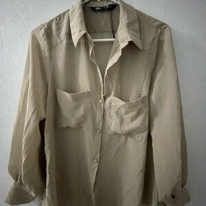 Zara Tan Button Down 3/4 Sleeve Blouse